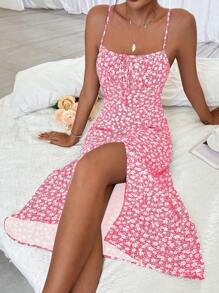 Breezaya In hoa Ditsy Nút phía trước Tách đùi Váy Dây - Hồng - Xem 5