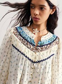 Bohemela Boho Country Vacation Casual Woven Print Long Sleeve Loose Women Blouse