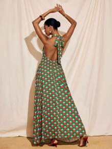 JIAN LASALA 波西米亚风印花无袖露背O形环及地太阳裙夏季度假女士休闲连衣裙海滩度假装欧洲夏季外出夏威夷装女士安卡拉裙度假装飘逸连衣裙复古返校节礼服秋装节日装秋季女装婚礼宾客礼服女士 - 彩色 - 查看 1