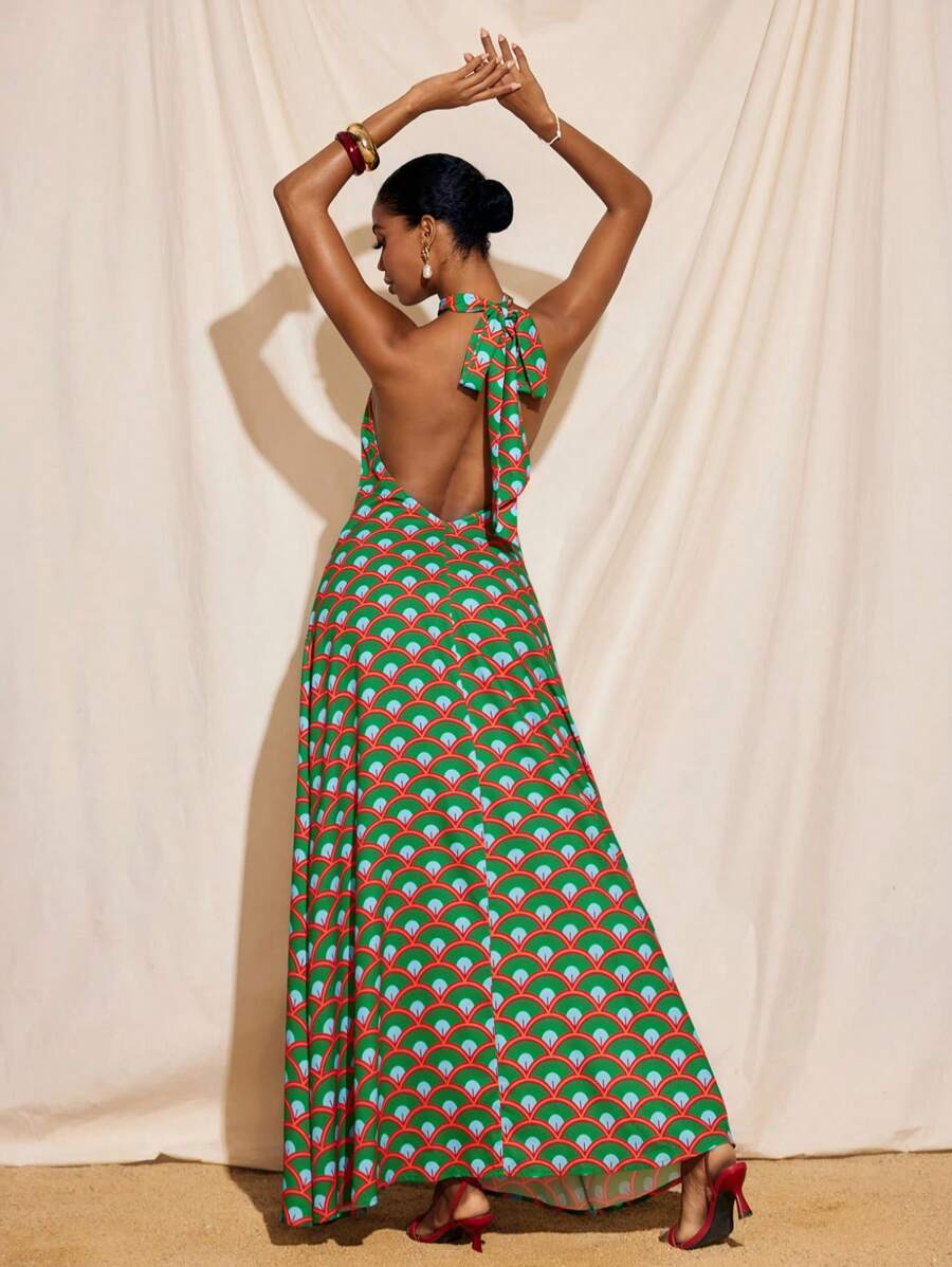 JIAN LASALA 波西米亚风印花无袖露背O形环及地太阳裙夏季度假女士休闲连衣裙海滩度假装欧洲夏季外出夏威夷装女士安卡拉裙度假装飘逸连衣裙复古返校节礼服秋装节日装秋季女装婚礼宾客礼服女士 - 彩色 - 查看 1