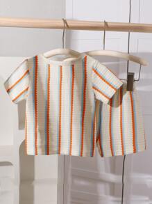 SHEIN Playful Pals Infant Baby Boy Casual Cute Chic Orange Blue Striped Waffle Knit Short Sleeve T-Shirt & Matching Shorts Set, Summer