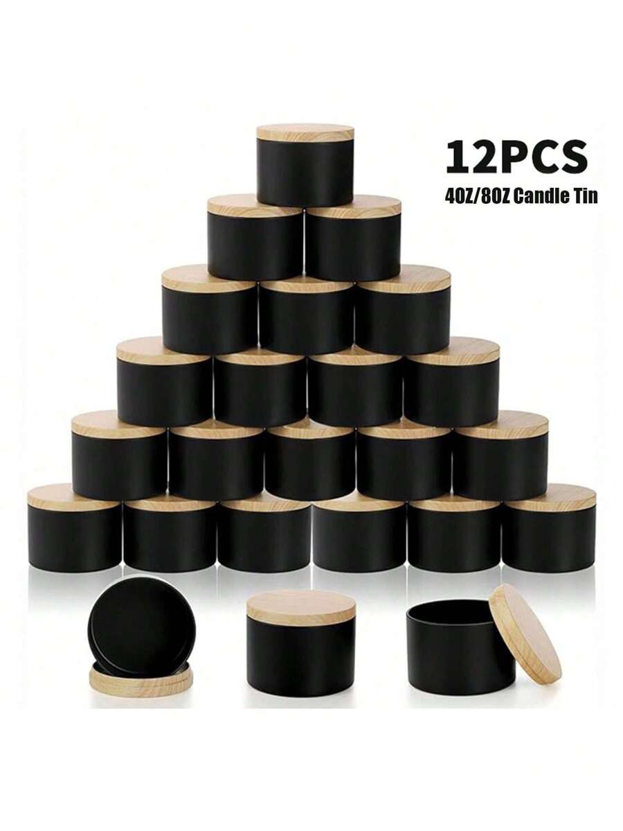 12 hộp nến kim loại 4oz/8oz có nắp vân gỗ - Hoàn hảo cho việc tự làm nến, liệu pháp hương thơm và thủ công - Hộp đựng bền, có thể tái sử dụng để trang trí nhà cửa và làm quà tặng tiệc - màu đen - Xem 1