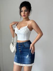 Elenzga Fashionable Bodycon Floral Lace Elastic Denim Mini Skirt - Dark Wash - View 3