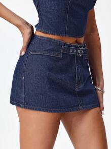 Jeanoix Váy denim cạp thấp mini cài nút giản dị cho nữ dạo phố - Rửa tối - Xem 5