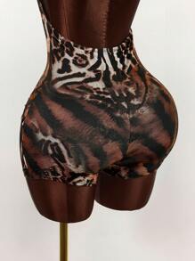 Amplova Combinaison sans manches vintage à imprimé tigre en tulle pour femmes