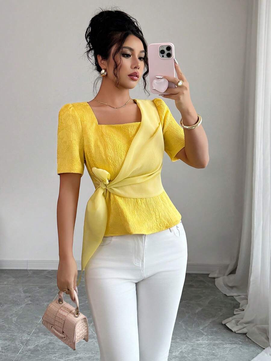 Elenzga Blusa veraniega elegante y exquisita con cintura ajustable de jacquard para mujeres - Amarillo - Ver 1