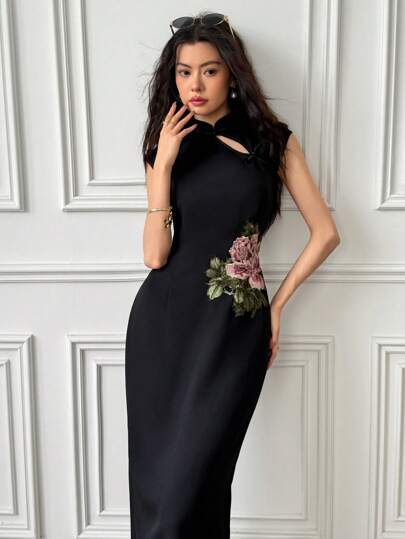 EastFlair 女士花卉印花纽扣设计中国风优雅长裙