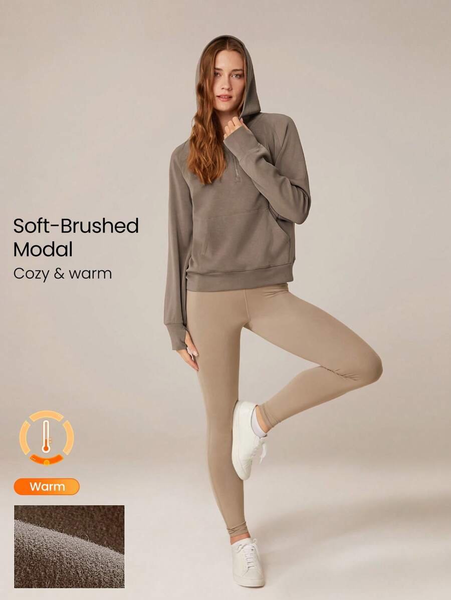 GLOWMODE 莫代尔羊毛保暖超大半拉链袋鼠口袋连帽衫，带拇指孔，日常休闲秋冬 - 可可 - 查看 1