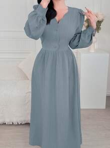 Feyla 女士纯色拱形V领单排扣泡泡袖优雅连衣裙 - 藍色 - 查看 6