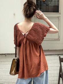 FRIFUL Shirred Drawstring Tie-Front Pleated Mid-Length Casual Versatile Button-Down Blouse For Women, Beach Vacation