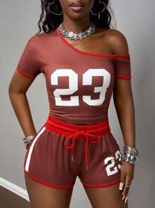 Slaydiva 2025 Spring Summer New Bohemian Music Festival Country Easter Casual Daily Beach Holiday Party Street Chic Sexy Sweet Cute Y2K Cropped Knit Halter Asymmetrical Neck Asymmetric Short Sleeve Tee Top Paired With Brown Red Color Blocking High Waist Drawstring Shorts 2 Pieces Women Set