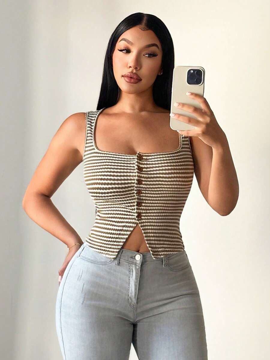 SHEIN SXY Women's Summer Casual Crochet Square Neck Striped Tank Top, Button Down Top, Striped Top, Fitted Top, Summer Tops - Multicolor - View 1