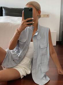 Livesso Chaqueta de utilidad con cuello alto, sin mangas y cintura ceñida para mujer, ropa de vuelta al colegio tipo chaleco