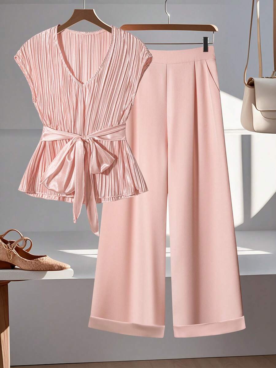 SHEIN Clasi Women's V-Neck Sleeveless Pleated Top And Wide Leg Cuffed Pants, Elegant Two Pieces Set - Pink - View 1