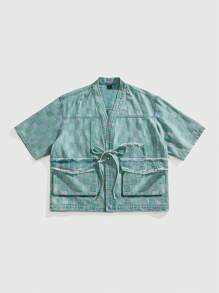 ROMWE MEN Anime 男士棋盘格印花打结口袋休闲短袖牛仔衬衫 - 綠色 - 查看 8