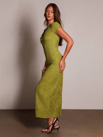 Athîral Women's Crinkle Khaki Shortsleeve Maxi Dress, Stretchy Vacation Outfit