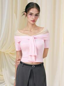 SHEIN MOD 粉色系带长袖修身 T 恤上衣 - 粉色 - 查看 4