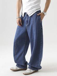 Chillumni Men's Pocketed Straight Loose Casual Versatile Denim Baggy Wide Leg Jeans - Medium Wash - View 6