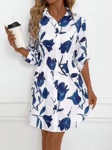 SHEIN Clasi Women's New Floral Print Collared Long Sleeve Short Dress, Versatile For Commute, Daily Wear, Outing - Blue & White Teacher Outfits For Women Dresses For Women Summer Dresses For Women Teacher Outfits For Women  Fall Women Clothes Country Outfits Women Fall Women Clothes Back To School  Old Money Style Women