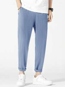 Manfinity Homme 宽松男士字母贴片细节纹理锥形裤男浅蓝色裤子夏季裤子 - 霧霾藍 - 查看 3