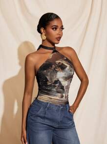 Mathilde Lhomme Top sexy transparent cu imprimeu grafic din plasă, cu guler halter și nod, cu guler rotund, tip bandeau