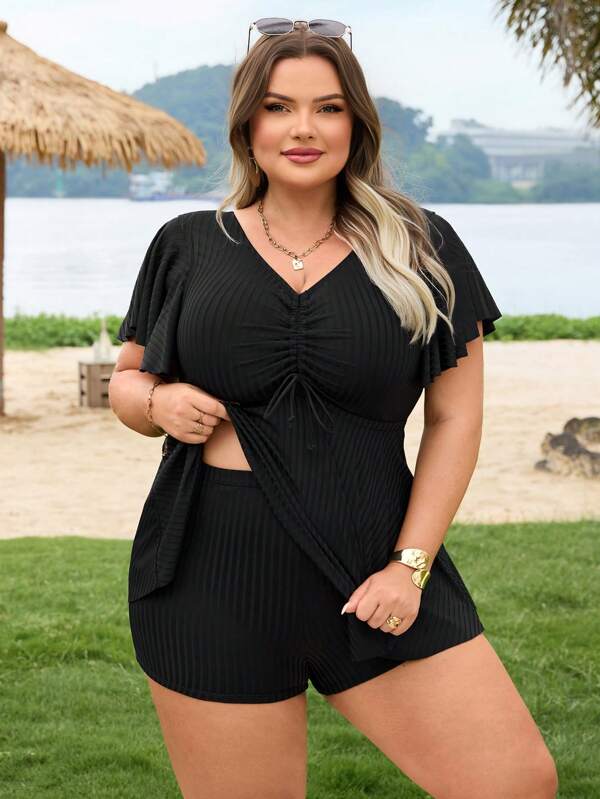 SHEIN CURVE+ Plus Size Women Black Special Fabric Casual Slimming 2 Pieces Set