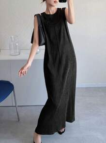 FRIFUL Women's Solid Textured Hollow Out 2 Pieces Long Dress, Ladies Summer Graduation Dress - Black - View 3