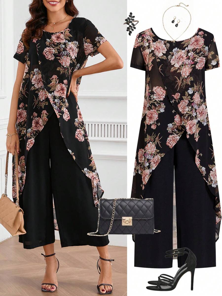 Ellevyn Mother Day Summer Women Asymmetrical Hemline Crossed Split Two Pieces Outfit With Flower Design Hawaiian Two Pieces Outfits - Multicolor - View 1