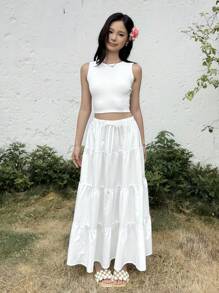 SHEIN Teen Girls Casual Comfy Round Neck Tank Top & Cake Skirt 2Pcs Outfit Set