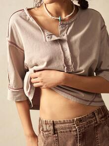 Bohemela 女士休闲纯色镂空针织短袖宽松衬衫 - 粉色 - 查看 1