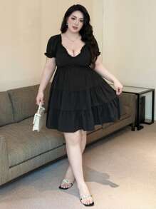 Flirla Plus Size Puff Short Sleeve Dress With V-Neck - Black - View 5