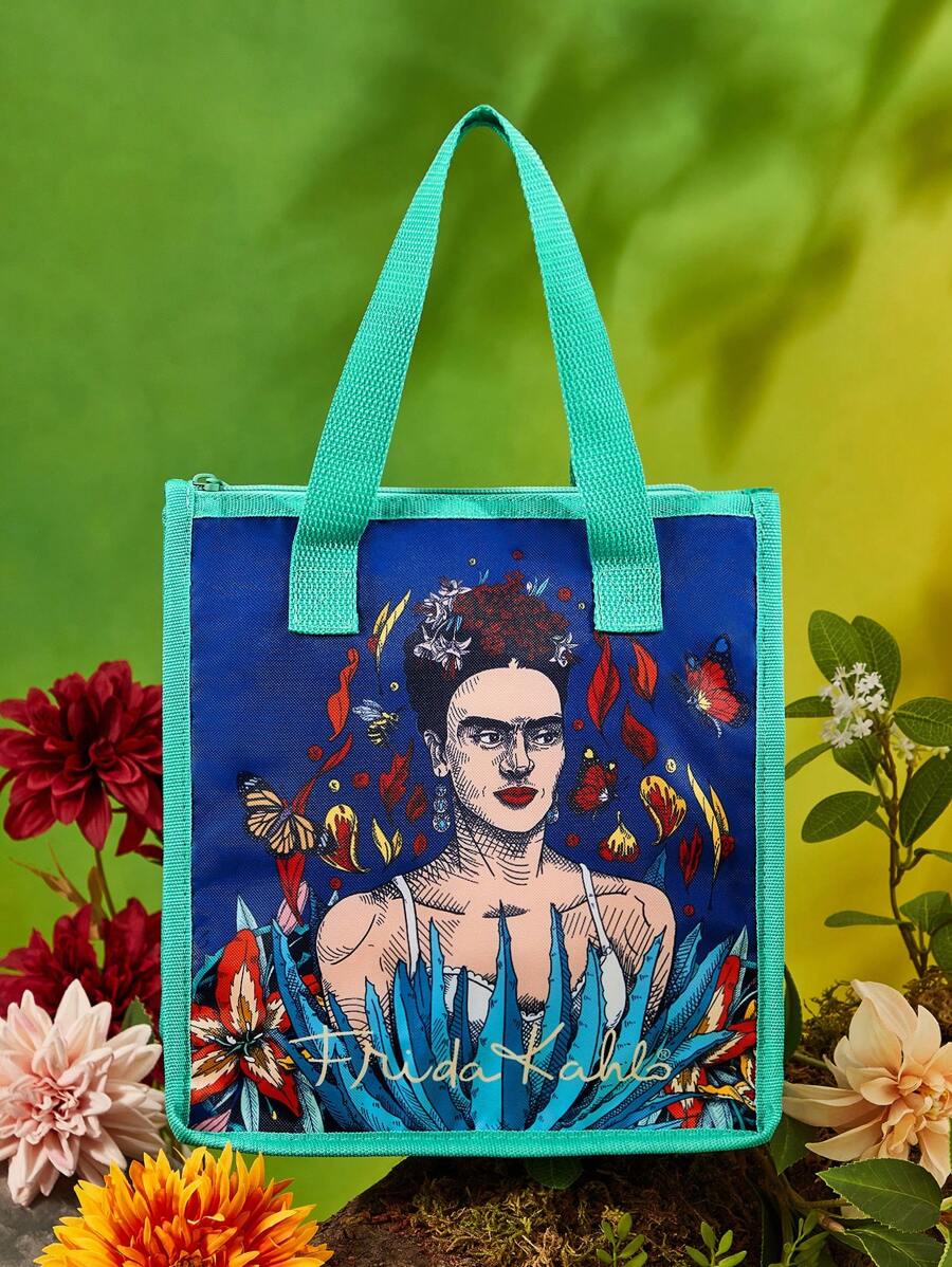 Frida Kahlo X SHEIN 1个印有艺术家卡通图案的保温午餐包,可保温或保冷,野餐包,大容量,可装午餐盒和饮料,适合野餐、露营、旅行、居家使用,适合家庭使用,花朵图案,艺术感十足,优雅时尚 - 彩色 - 查看 1