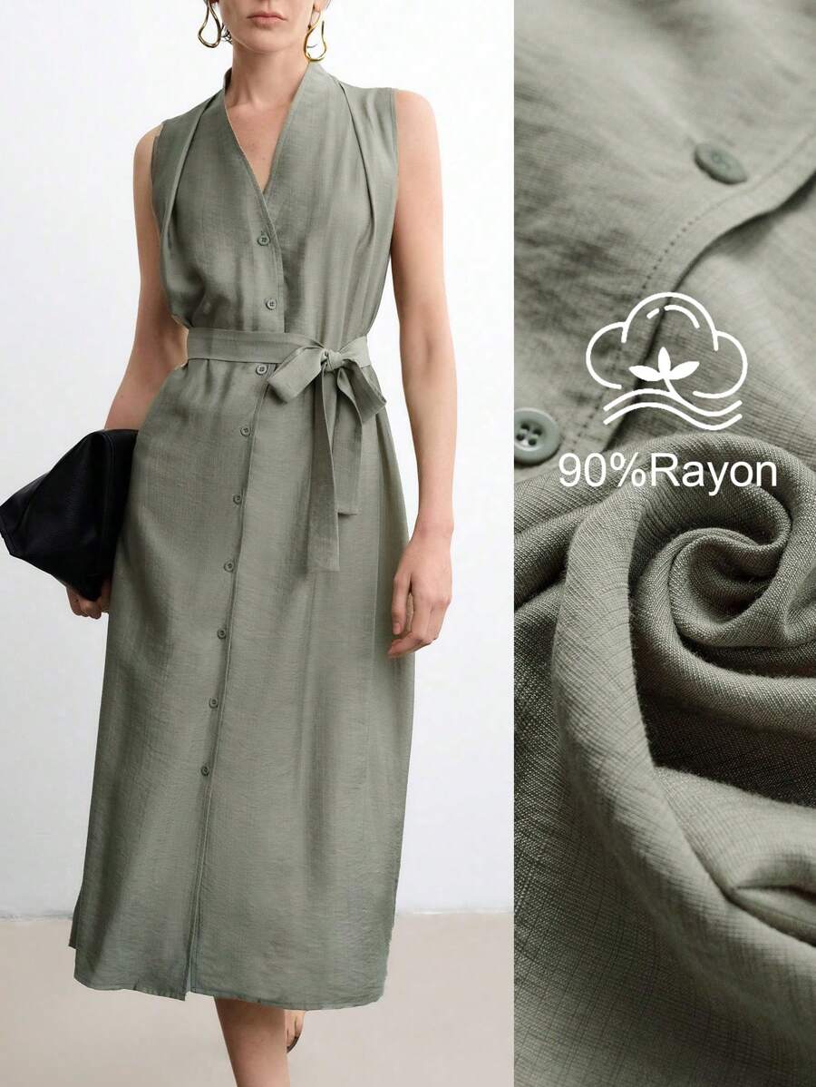 Aalyst 女士优雅 V 领无袖褶皱腰系带前口袋休闲连衣裙，适合日常通勤、聚会、户外活动、春夏季 - 綠色 - 查看 1