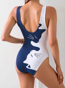 Swim Mod Women's Summer Cat Print Round Neck Sleeveless Casual Beach Holiday Cute One-Piece Swimsuit, One-Piece Bathing Suit