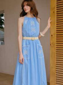 MOTF PREMIUM VESTIDO CON BOLSILLO DE RIBETE CONTRASTANTE - Azul - Ver 6