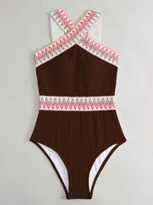 SHEIN Swim Women's Vacation Wave Striped Halter Neck One-Piece Swimsuit, Ribbon Tied At Random For Summer - Brown - View 5