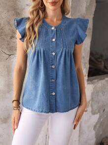 SHEIN LUNE Women's Summer Single Breasted Mini Cap Sleeve Casual Denim Shirt Blouse - Blue - View 4