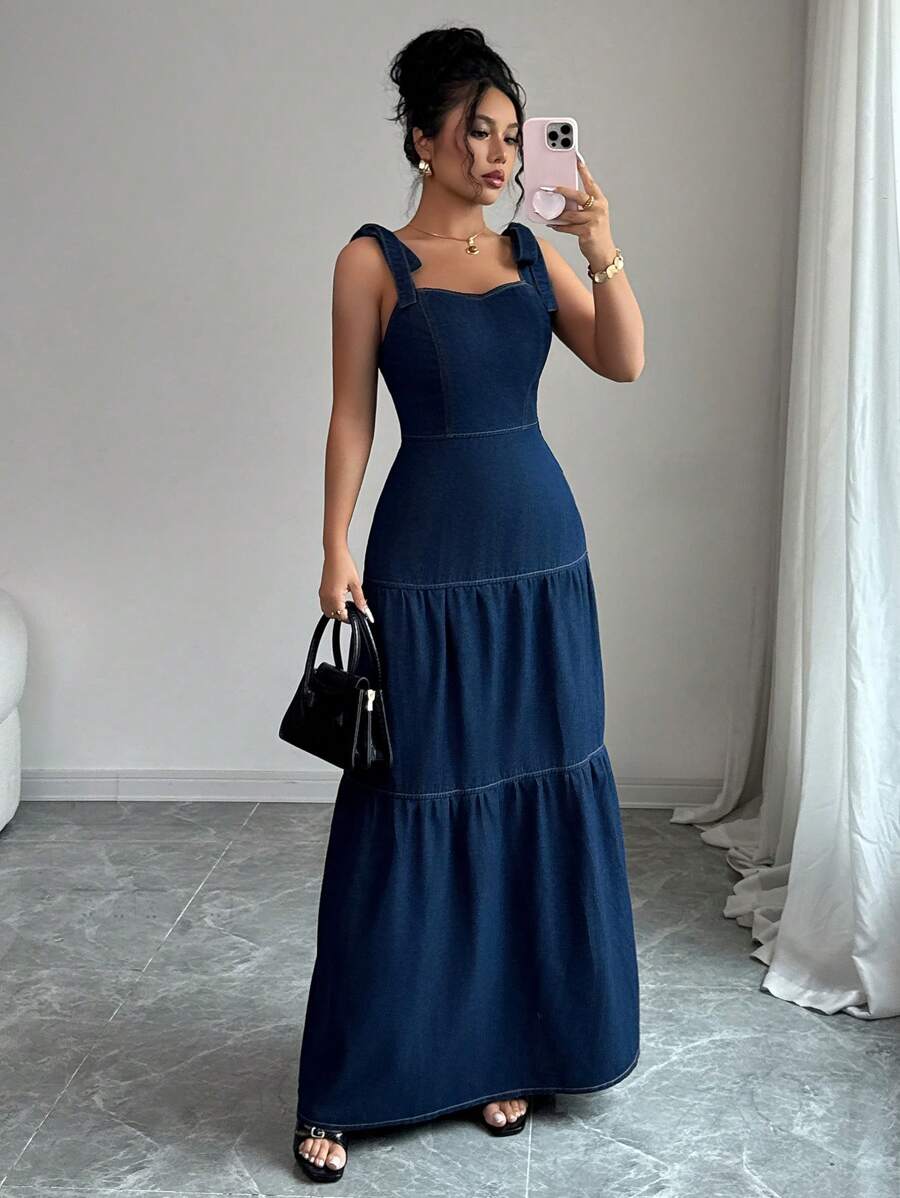 Elenzga 女式荷叶边下摆系带肩牛仔吊带裙 - 深色水洗藍 - 查看 1