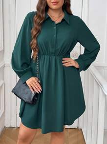 SHEIN Frenchy Plus Size Waist Cinched Green Casual Dress, Fashion Versatile Must-Have For Plus Size Women Everyday & Outings - Dark Green - View 5