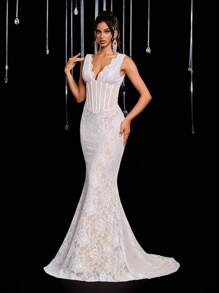 Glamrae Vestido de sirena elegante y romántico de encaje blanco al estilo francés con correa ajustable en la espalda, cintura ajustada y volante en el bajo, adecuado para diversas ocasiones formales (Estilo francés de lujo) - Blanco - Ver 6