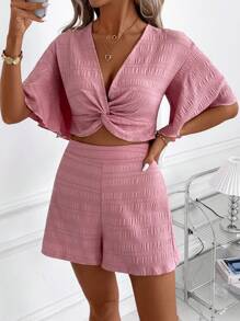 SHEIN Clasi Women's Twist V-Neck Short Sleeve Top And Shorts Set, Textured Fabric, Elegant Daily Wear, Sexy Vacation, Spring/Summer