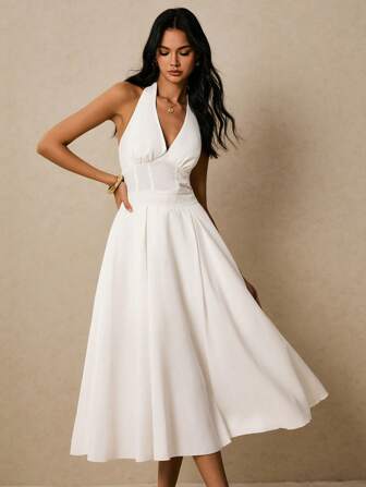 Poéselle 女士夏季优雅纯色挂脖白色露背连衣裙