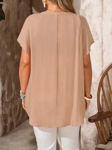 EMERY ROSE 大码女式夏季纯色 V 领蝙蝠袖短袖衬衫，乡村休闲度假装女士，简约时尚的日常穿着，女式夏季上衣，女式夏季服装，女式度假装 - 杏色 - 查看 2