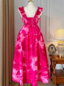 Celure Plus Size Square Neck Spaghetti Strap Ruffle Hem Elasticized Waist A-Line Maxi Dress, Elegant Holiday Colorful Tie Dye Pattern, Suitable For Spring/Summer