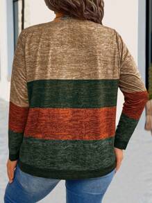 EMERY ROSE Plus Size Striped Contrast Color V-Neck Long Sleeve T-Shirt Women Tops For Spring Fall - Multicolor - View 2