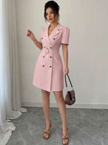 Selianne Blazer Collar Laced Waistline Double-Breasted Puff Sleeve Dress - Pink - View 5