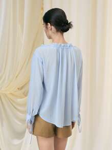 SHEIN MOD 女式系带长袖蓝色半透明荷叶边领衬衫 - 淺藍色 - 查看 2