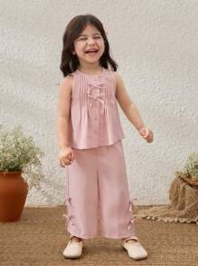 Blossori Conjunto de top sin mangas con acento de lazo y pantalones de ajuste holgado para niñas bebé de estilo campo - Rosa - Ver 4