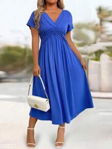 EMERY ROSE Halloween Women's Elegant Cable Twist Knot Dress, Casual & Commuting, A-Line Silhouette, Flattering, Slimming Blue Dress Women V-Neck Blue Dress - Royal Blue - View 7