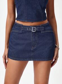 Jeanoix Váy denim cạp thấp mini cài nút giản dị cho nữ dạo phố - Rửa tối - Xem 7
